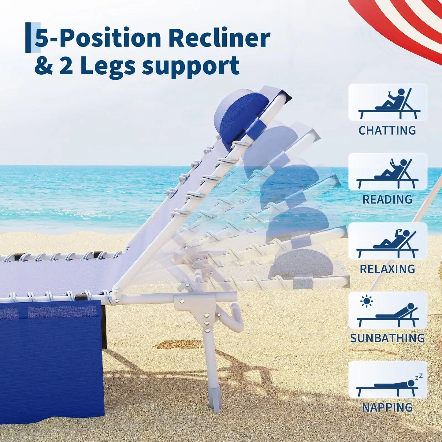 Tanning Chair With Face Hole 3-in-1 Beach Lounge Chair, 5-Position Reclining Outdoor Chaise With Table For Pool Patio Garden Deck