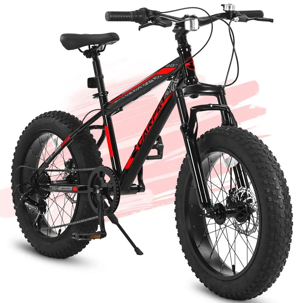 20 Inch Kids Teenagers Mountain Bike, High Carbon Steel Frame, Front Suspension & 7-Speed Drivetrain, Front & Rear Disc Brakes, Wear-Resistant Wide Tires for Off-Road & Snow Riding