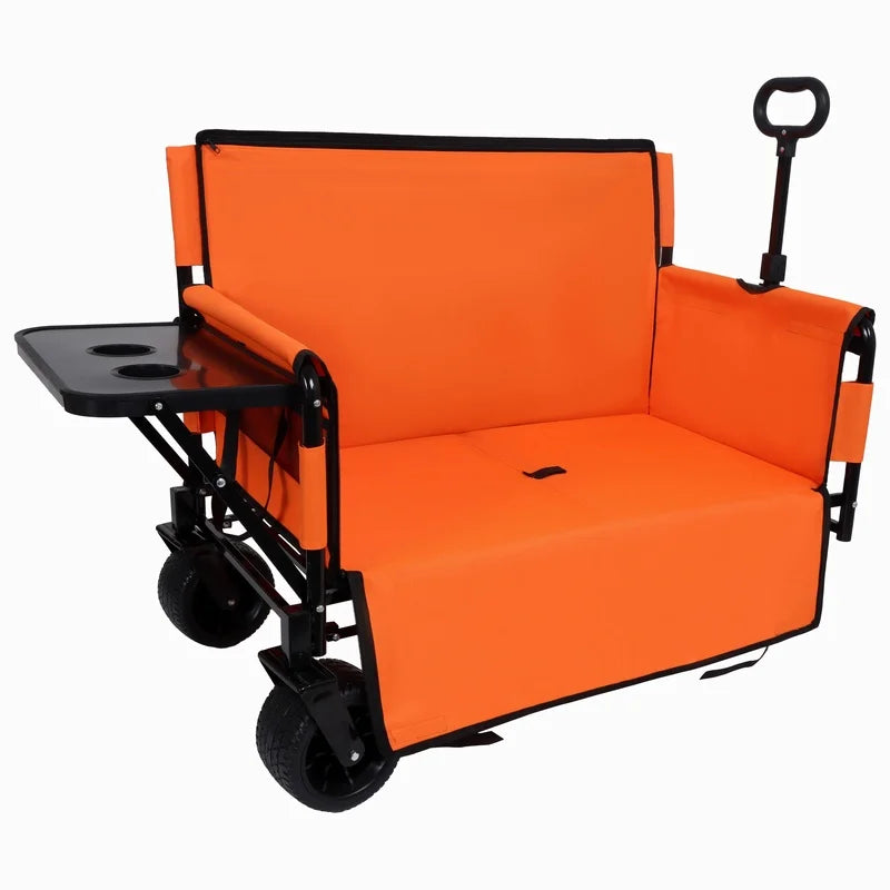 3-in-1 Heavy-Duty Folding Wagon with Bench Seat and Foldable Tabletop, 500lbs Capacity, All-Terrain Wheels for Camping, Beach, Garden, Orange