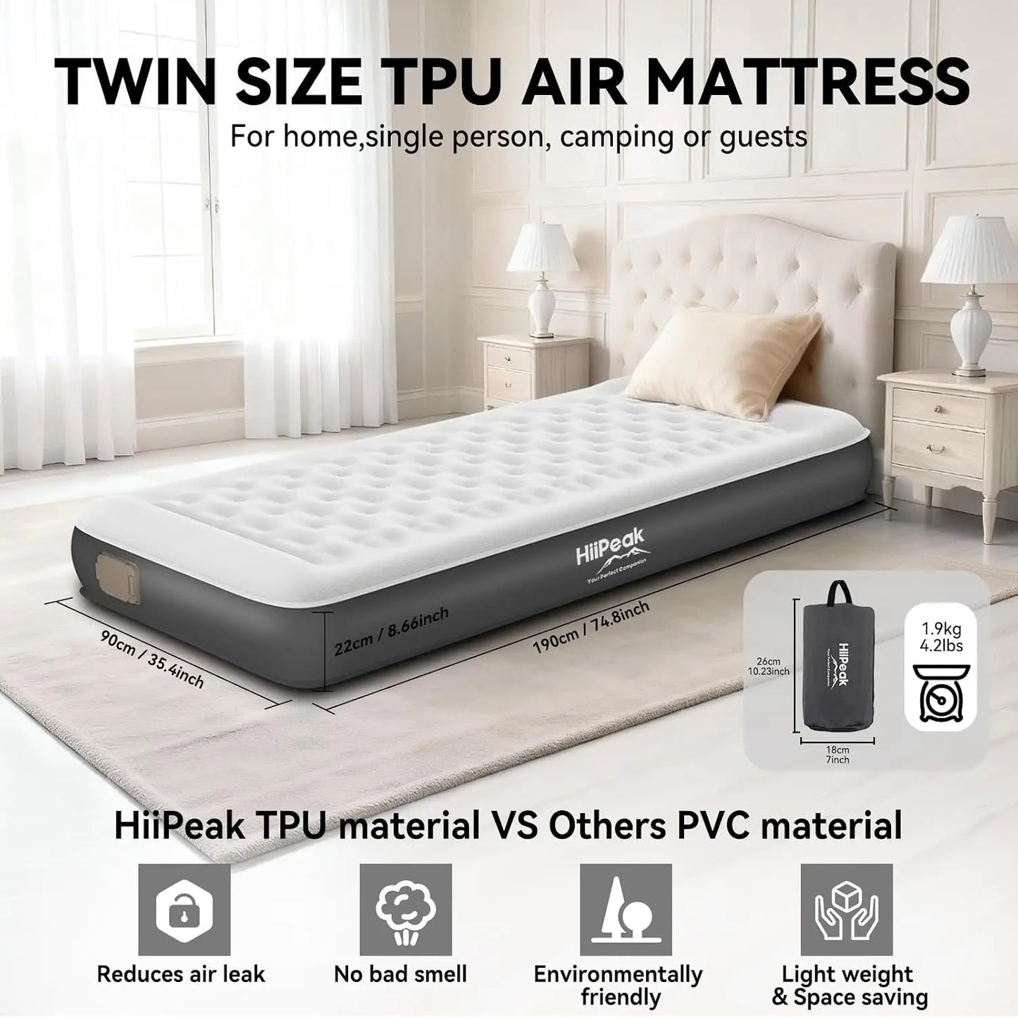 Twin Air Mattress with Wireless Pump, 2Min Self-Inflating 22cm TPU Camping Bed