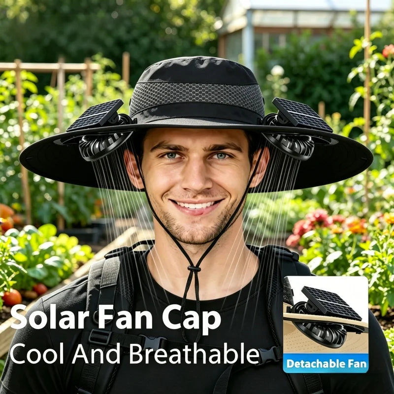 Solar-Powered Dual-Fan Cooling Sun Hat—Unisex Outdoor Wide-Brimmed Fisherman's Hat with UV Protection. Breathable Mesh Fabric Prevents Sweat Buildup. Ideal for Hiking, Fishing, Camping, and Cycling. Cool Hat for Summer Outd