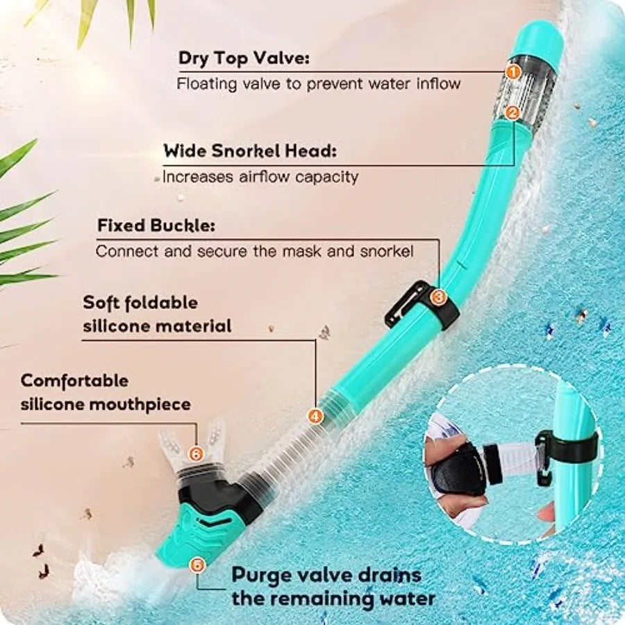 Snorkel Set, Anti-Fog Panoramic Tempered Glass Snorkel mask, Anti-Leak Scuba Diving Mask with Mesh Bag, Dry Top Snorkeling Gear