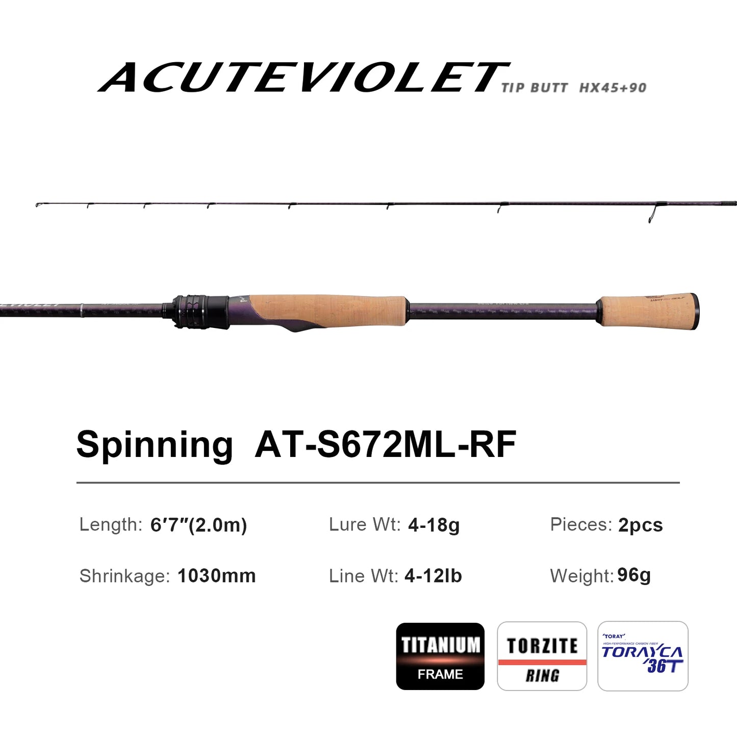 PURELURE ACUTEVIOLET Bass Fishing Rod Spinning Baitcasting Rod  36T Carbon Fiber Jerkbait Rod 2 Piece Regular Fast Action Titanium Frame Guide with Torzite Ring Carbon Reel Seat