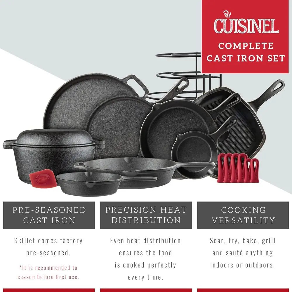 18-Piece Cast Iron Cookware Set - Pre-Seasoned Skillets, Grill Pan, Lids, Griddle, Pizza Pan, Dutch Oven, Pan Rack, Silicone Cov