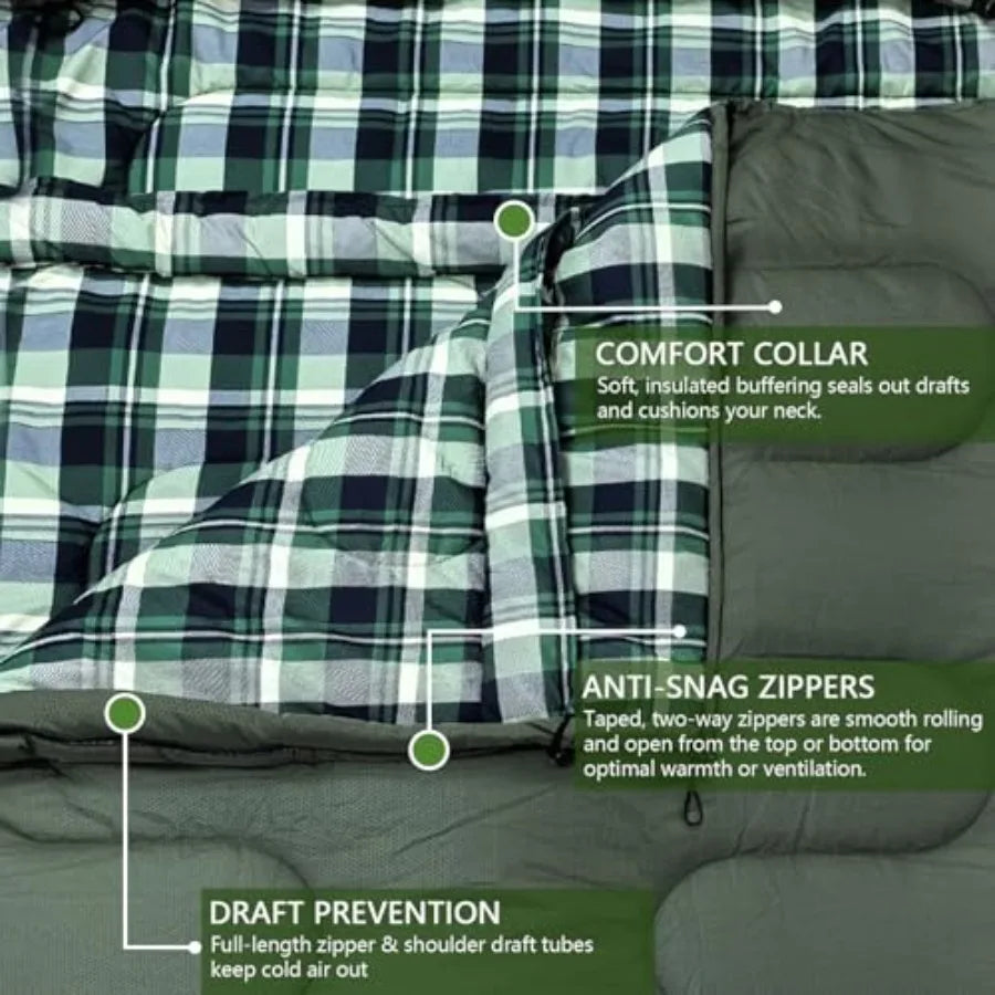 Car camping, hunting, tent camp sleeping bag: 0 double adult queen size 2-person cold weather sleeping bag with compression sac