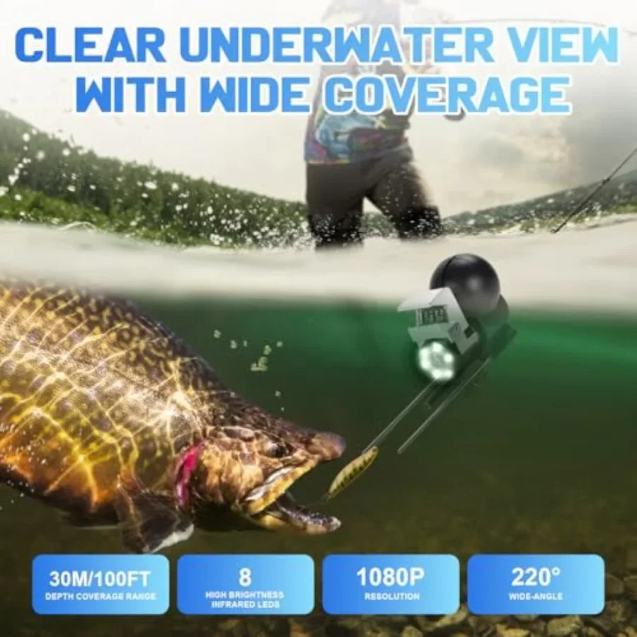 Boat fish finder with 5 IPS display, 1080 HD underwater camera, 220 wide angle, IP68 waterproof housing, 30M depth rating, 8 IR