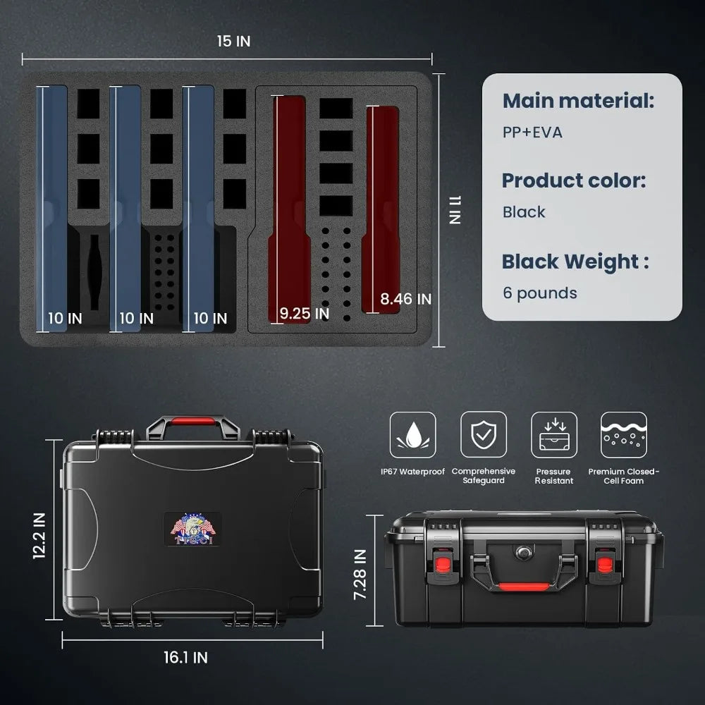 Heavy Duty 5 Pistol & 13 Magazine Case, Shockproof Waterproof Hard Gun Case for Air Travel, Pre-Cut Foam, Firearm Travel Case, Impact-Resistant Plastic