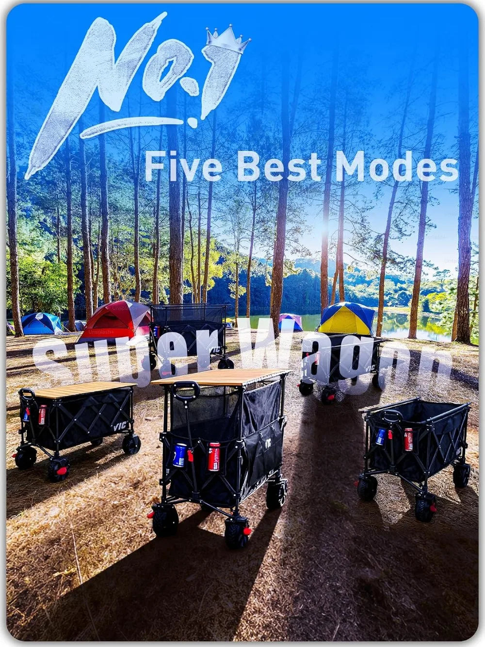 680lbs Super Cart & Table 1=5 Set, 480L Capacity, 54" Extra Long Folding Wagon, Heavy Duty with Brakes, All-Terrain Wheels for Camping, Shopping