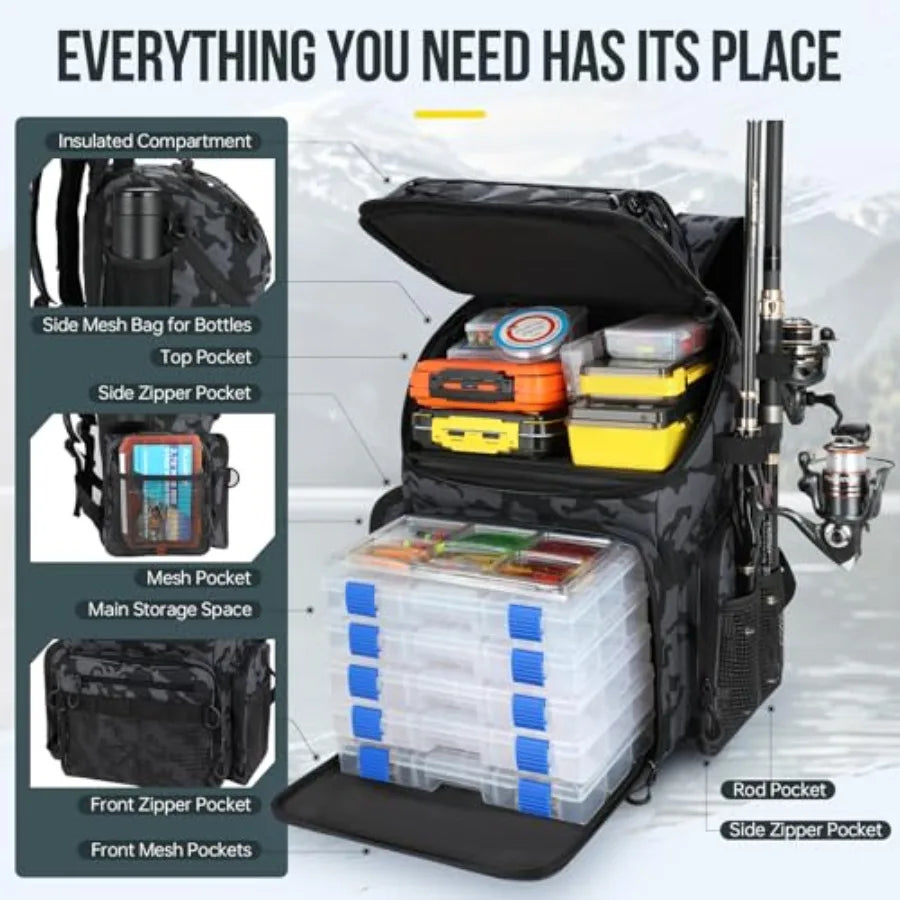 Cooler Fishing Backpack with Rod Holders 45L Large Water-resistant Fishing Tackle bag Store Fishing Gear Fishing Gifts for Men