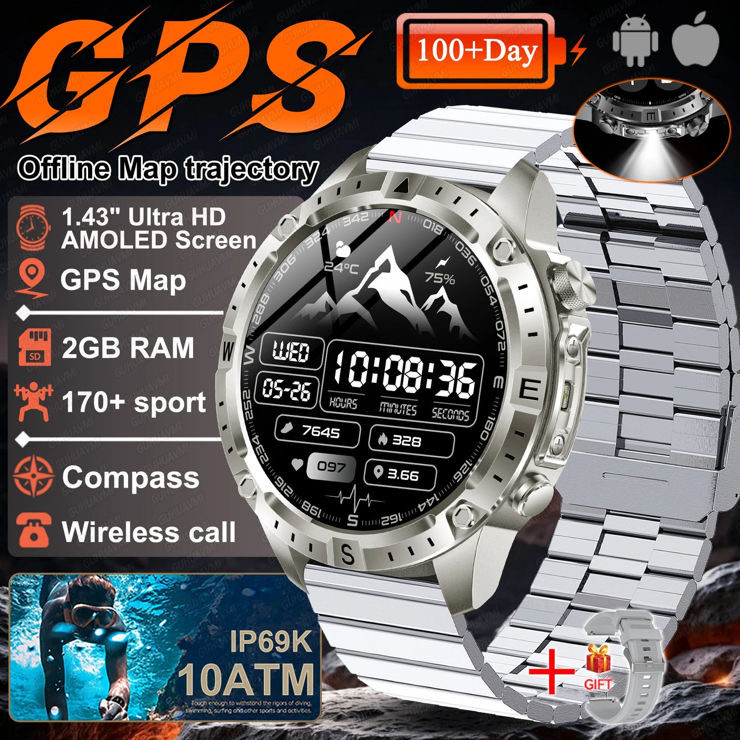 2026 NEW Outdoors Offline Map GPS Smart Watch L1+L2 Dual Band GPS Compass Cycling Run Swim Heart Rate 10ATM Military Smartwatchs