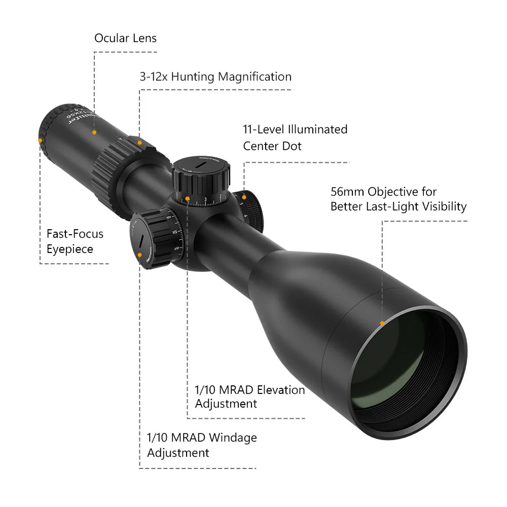 Aquilifer 3-12x56 Hunting Scope ED Glass Fully Multi Coated High Light Transmission for Dawn Dusk