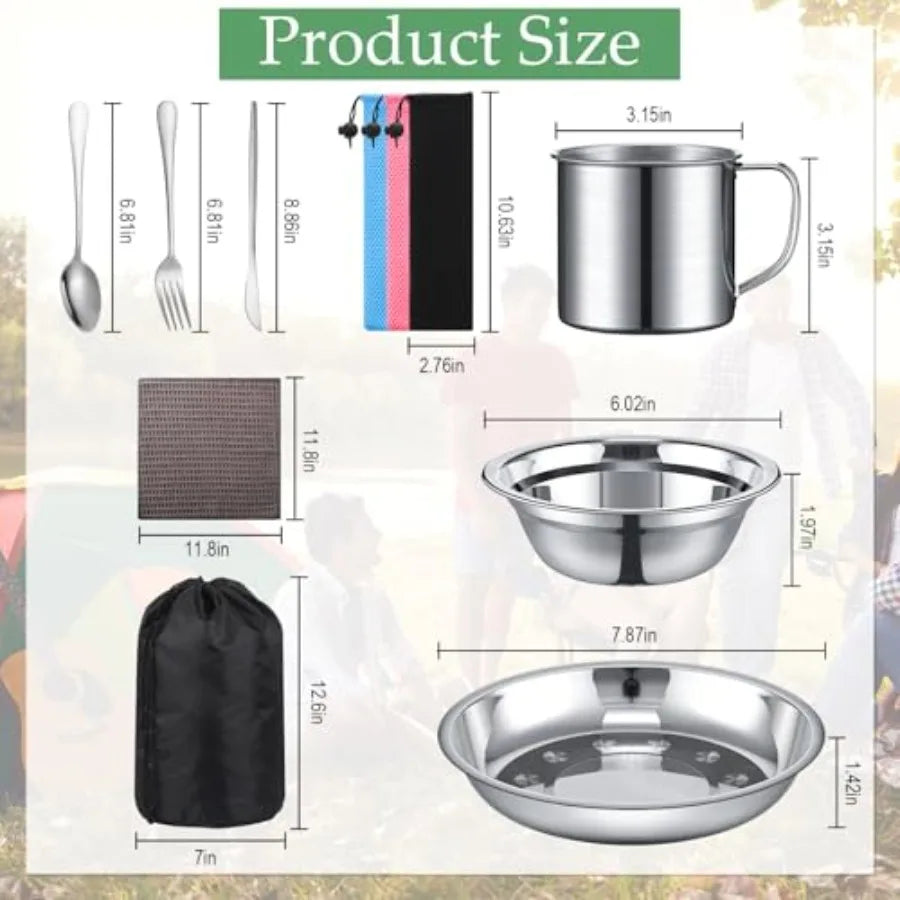 Outdoor Camping Cookware Mess Kit Polished Stainless Steel Dishes Camping Utensils Portable Tableware with Plates Cups Spoons F