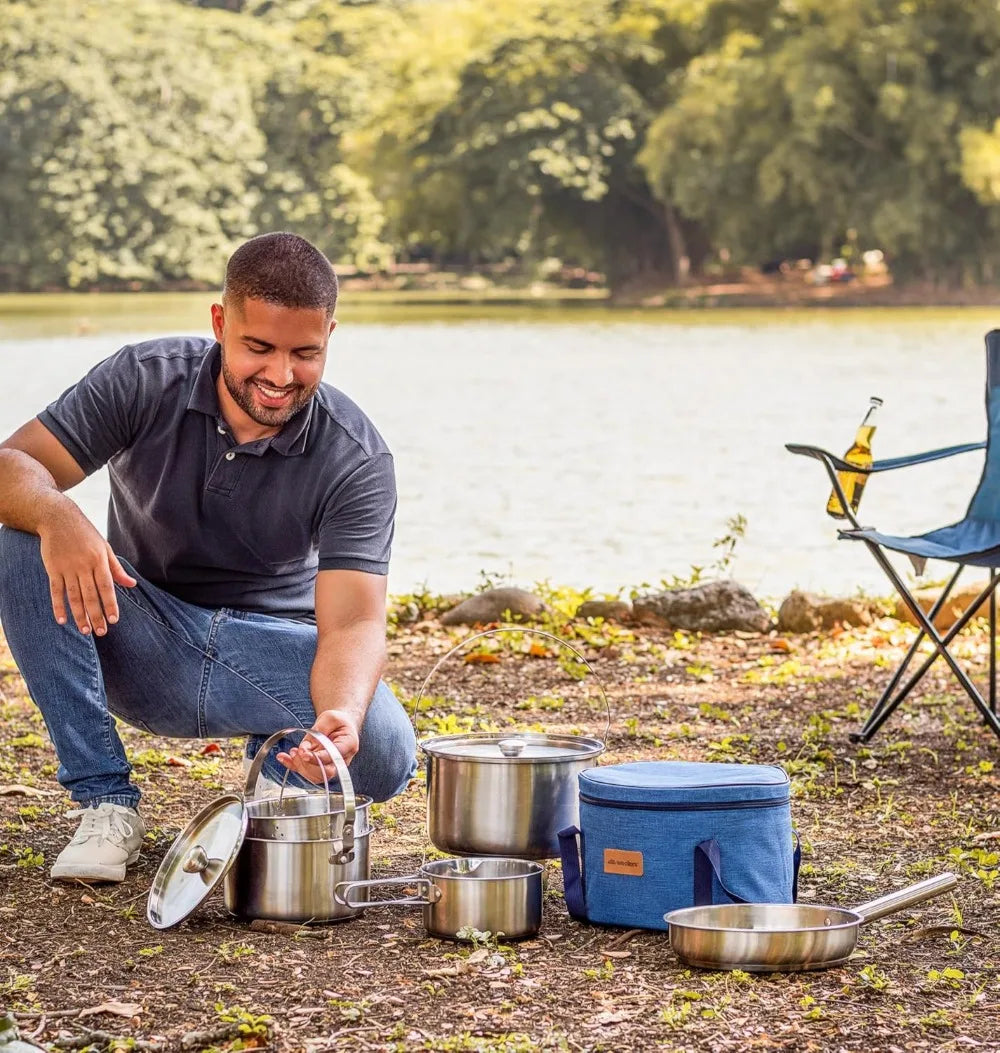 304 Stainless Steel 8-Piece Camping Cookware Set with Frying Pan, Steamer & Travel Tote Bag for Outdoor Indoor Kitchen