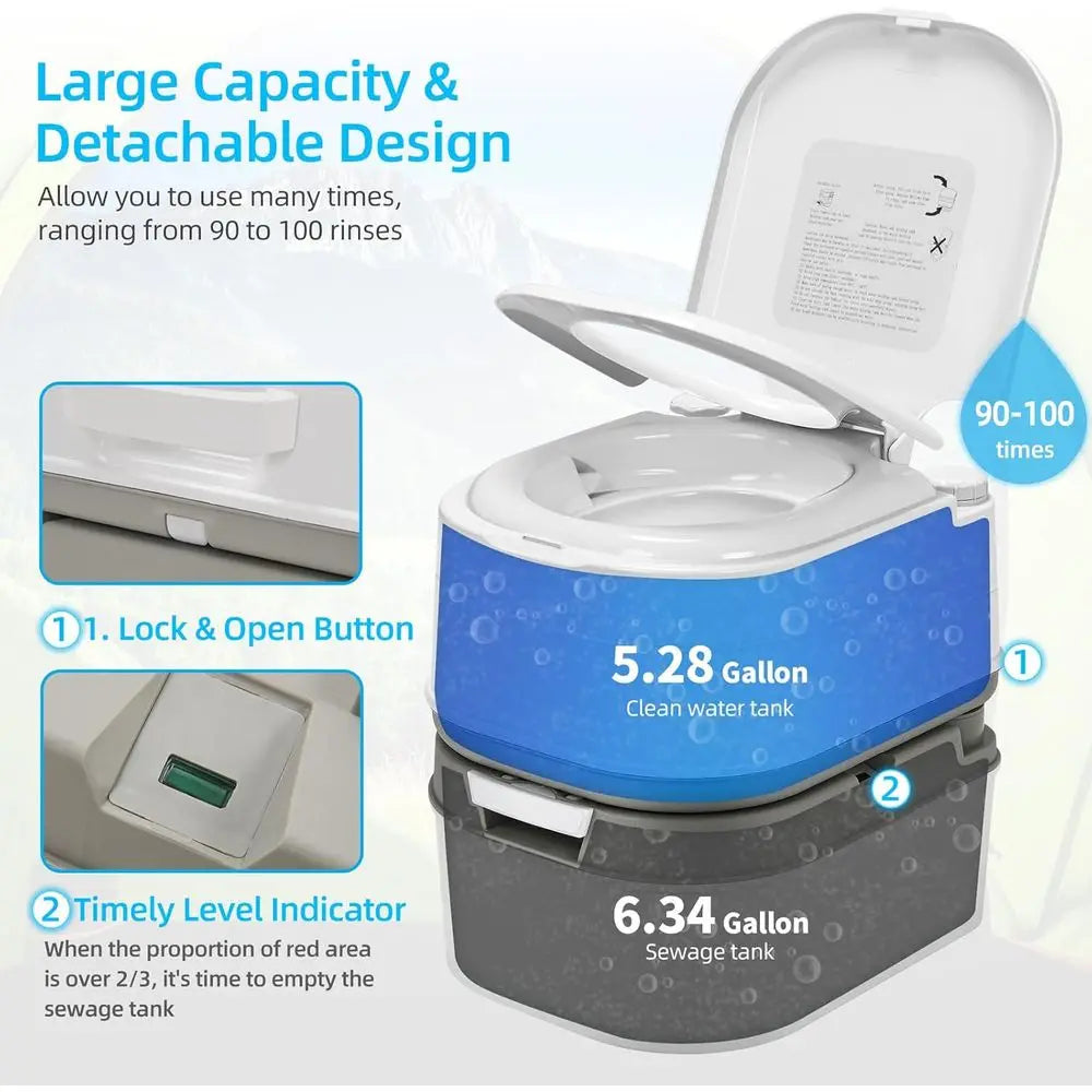 Portable Toilet 6.34 Gallon Camping Porta Potty with Paper and Detergent Collection, Leak-Proof Outdoor RV Porta Potty with Leve
