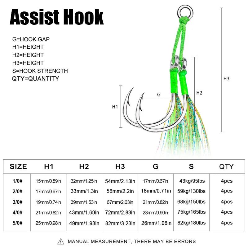 4Pcs Double Fishing Jig Assist Hook Big Game Saltwater Jigging Metal Slow Fast Fall Hooks for Vertical Jigging Lure