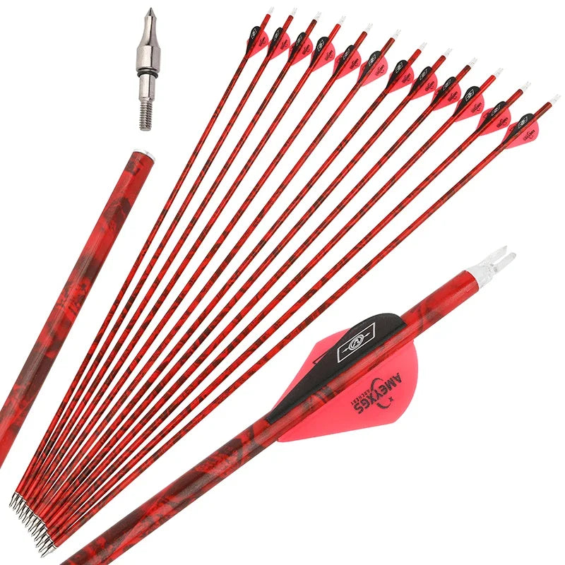 Carbon Arrows 30 Inch Spine 500 ID6.2mm with 2 Inch Rubber Feathers Removable Tips for Compound Recurve Bow Hunting Shooting