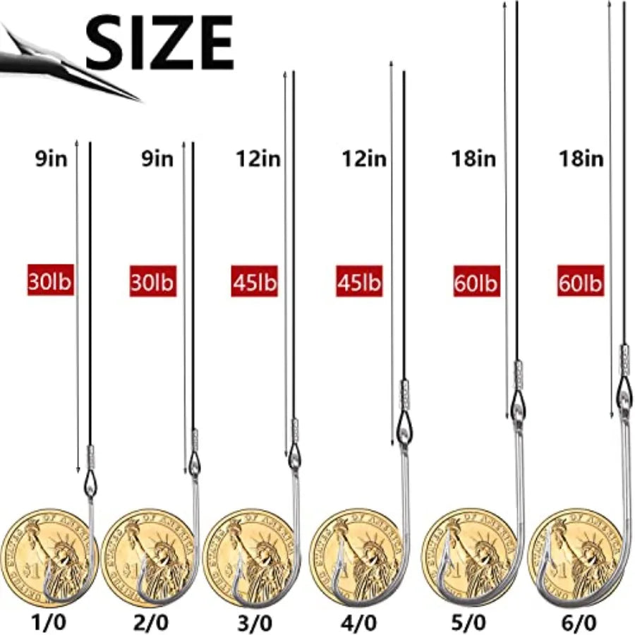 Saltwater fishing hook rigs for surf fishing, steel leaders with long shank O'Shaughnessy forged hooks, black leader wire