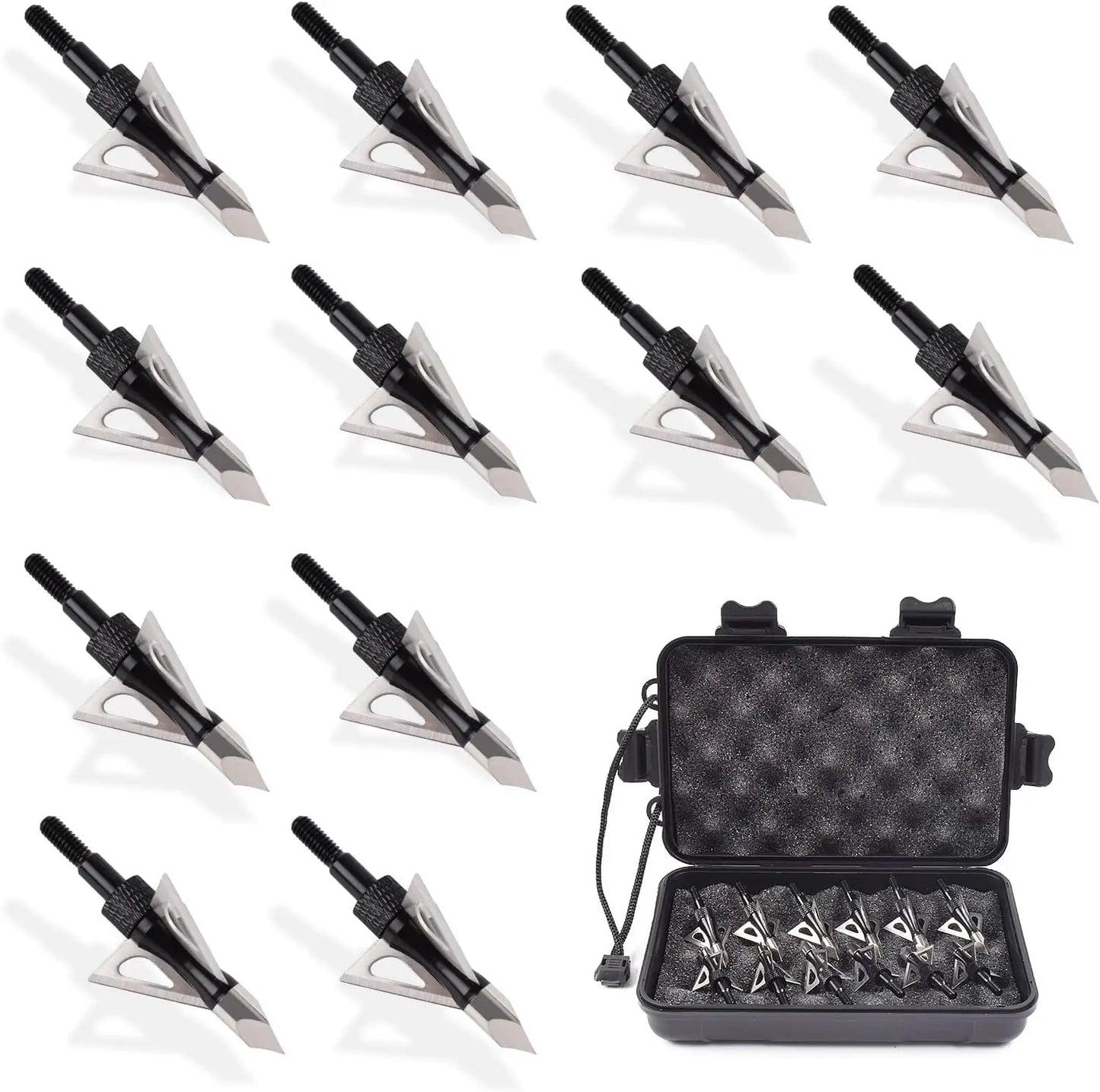 12PK 3 Blades Hunting Screw-in Broadheads 100 Grain Arrow Tips+ 1 PK Broadhead Storage Case