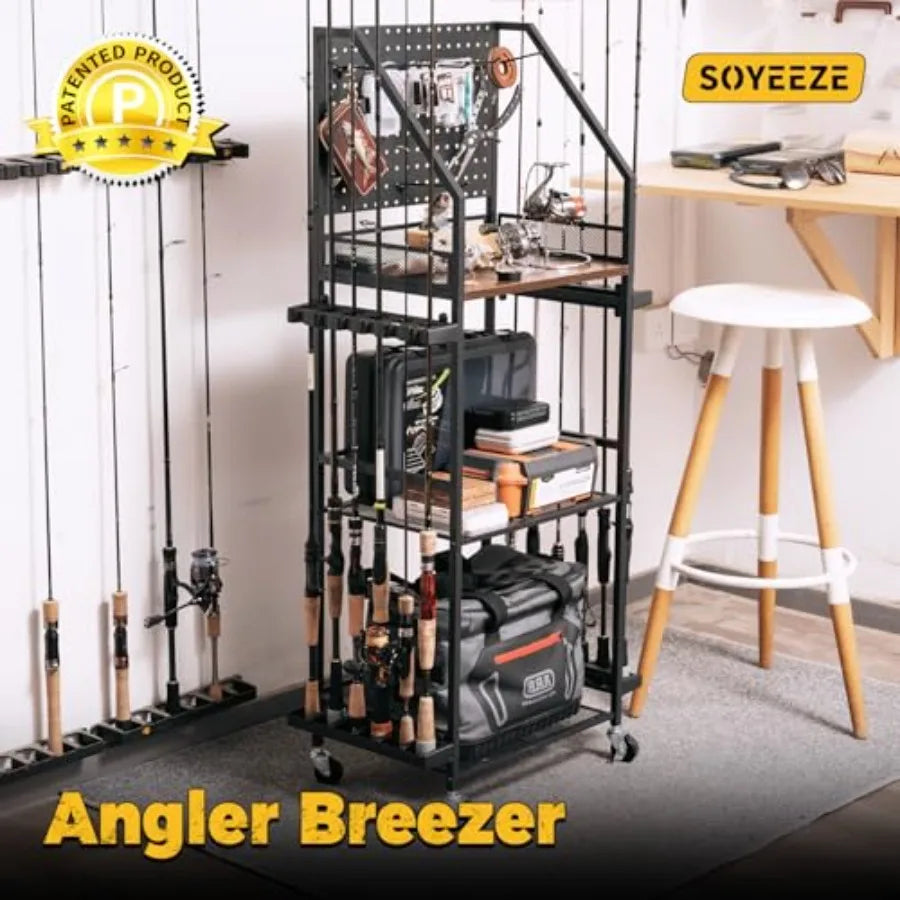 Fishing Rod Holders for Garage Fishing Pole Holders Up to 12 Rods with Pegboard and Hooks Rolling Fishing Cart with Wheels Fish