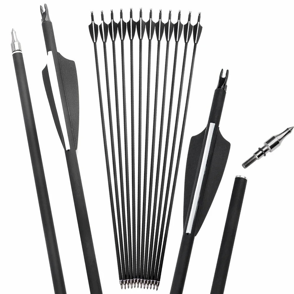 12pcs Archery Carbon Arrow SP500 Mixed Carbon 3 Inch Rubber Feather 100Grain Target Point for Compound Bow Shooting Hunting Acc