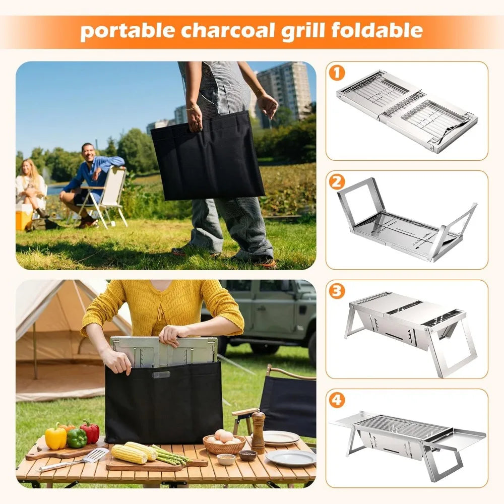 Compact Foldable Charcoal Grill with 4 Level Heat Control Portable Outdoor BBQ for Camping Picnic Garden Travel