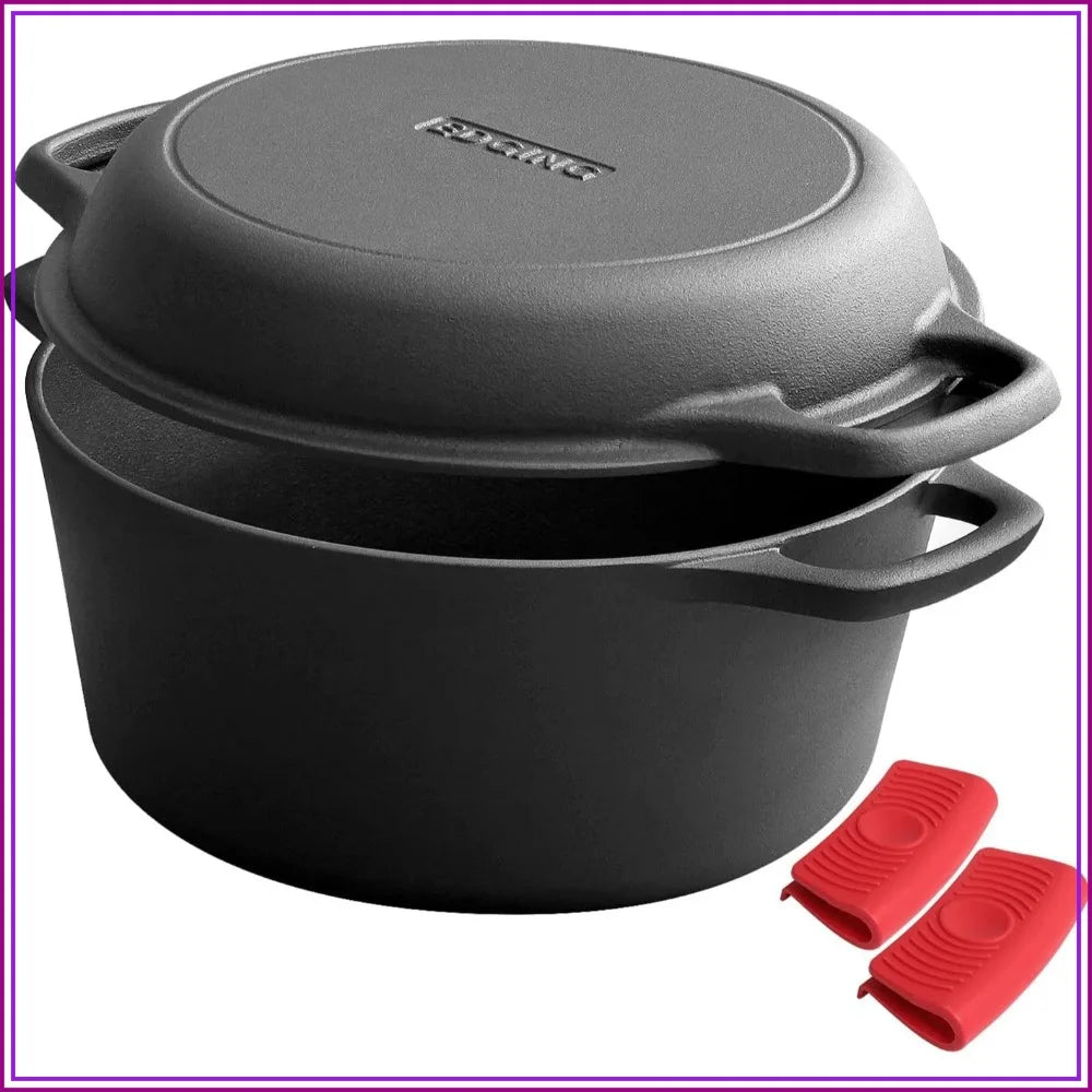 2-in-1 Pre-Seasoned Cast Iron Dutch Oven with Skillet Lid, 7QT, Dual Handles, Indoor Outdoor for Bread, Frying, Baking, Camping