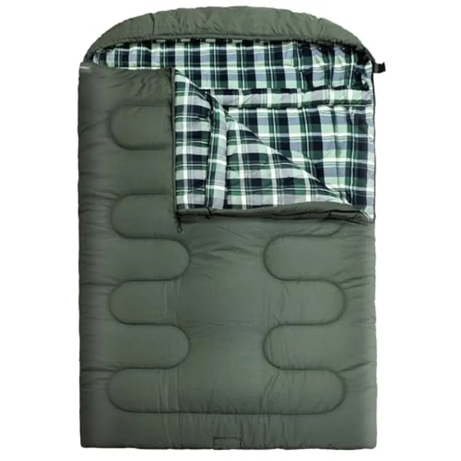 Car camping, hunting, tent camp sleeping bag: 0 double adult queen size 2-person cold weather sleeping bag with compression sac