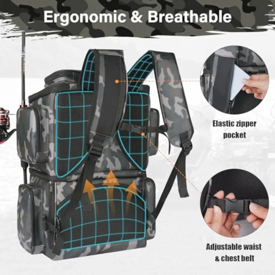 Fishing Tackle Backpack with Cooler Bag 53L Waterproof Fishing Bag with 2 Rod Holders Large Fishing Backpacks with Bottle Holde
