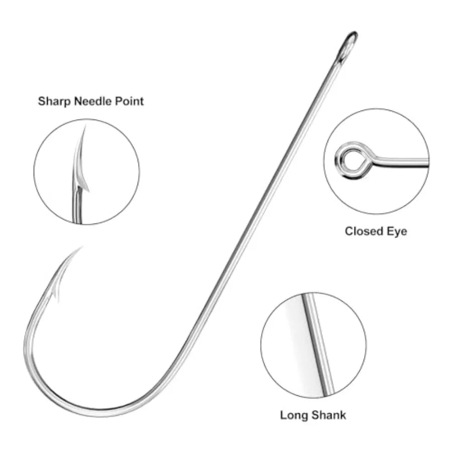 Sea fishing hooks for offshore use, high carbon steel, silver, 25 pcs large barbed Aberdeen hooks with long shank and wide gape