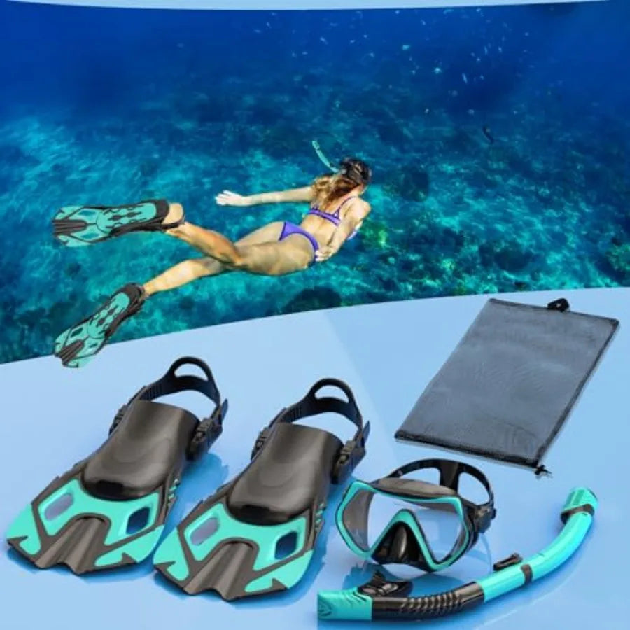 Snorkeling Gear for Adults, Mask Fin Snorkel Set, Dry Top Snorkel, Snorkeling Kit Travel Diving Package, Panoramic View Anti-Fo