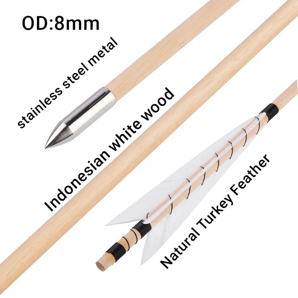 Wooden Arrows 12Pcs, 8mm Shaft with 5" Turkey Feathers, Traditional Arrows for Longbow & Recurve Bow, Ideal for Hunting, Shooting & Target Practice Accessories