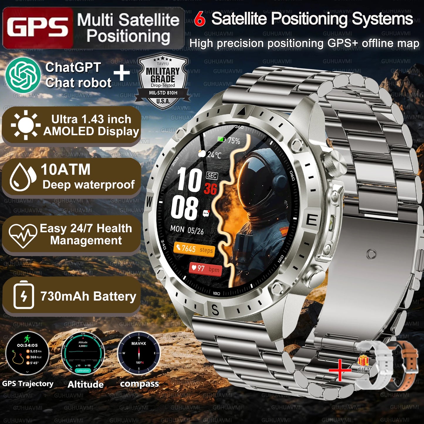 2026New Military Tank GPS SmartWatch Offline Map 10ATM Swim 2GB RAM Music Altitude Compass Bt Call Fitness Sports Smartwatch Men