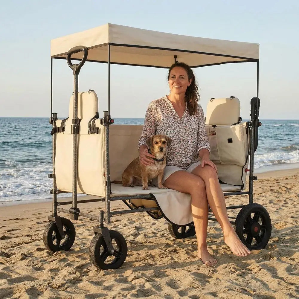 Collapsible Wagon Cart with Side-Opening Seat Conversion Design, oldable Utility Wagon with 2 Seats, Heavy Duty Wagon 265 lbs Lo