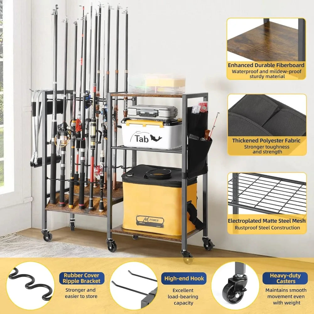 Rolling Fishing Rod Rack for Garage & Boat, Tackle Box & Reel Holder Cart, Easy Assembly Fishing Gear Management, Birthday Gift for Men Dad Anglers