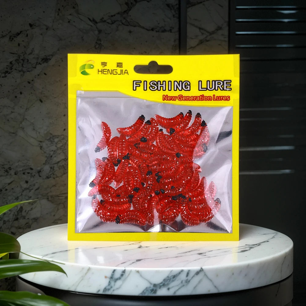 50Pcs 24mm Maggot Grub Soft Fishing Lure Smell Worms Fishing Lures Bionic Maggots Shape Bait for Freshwater Seawater