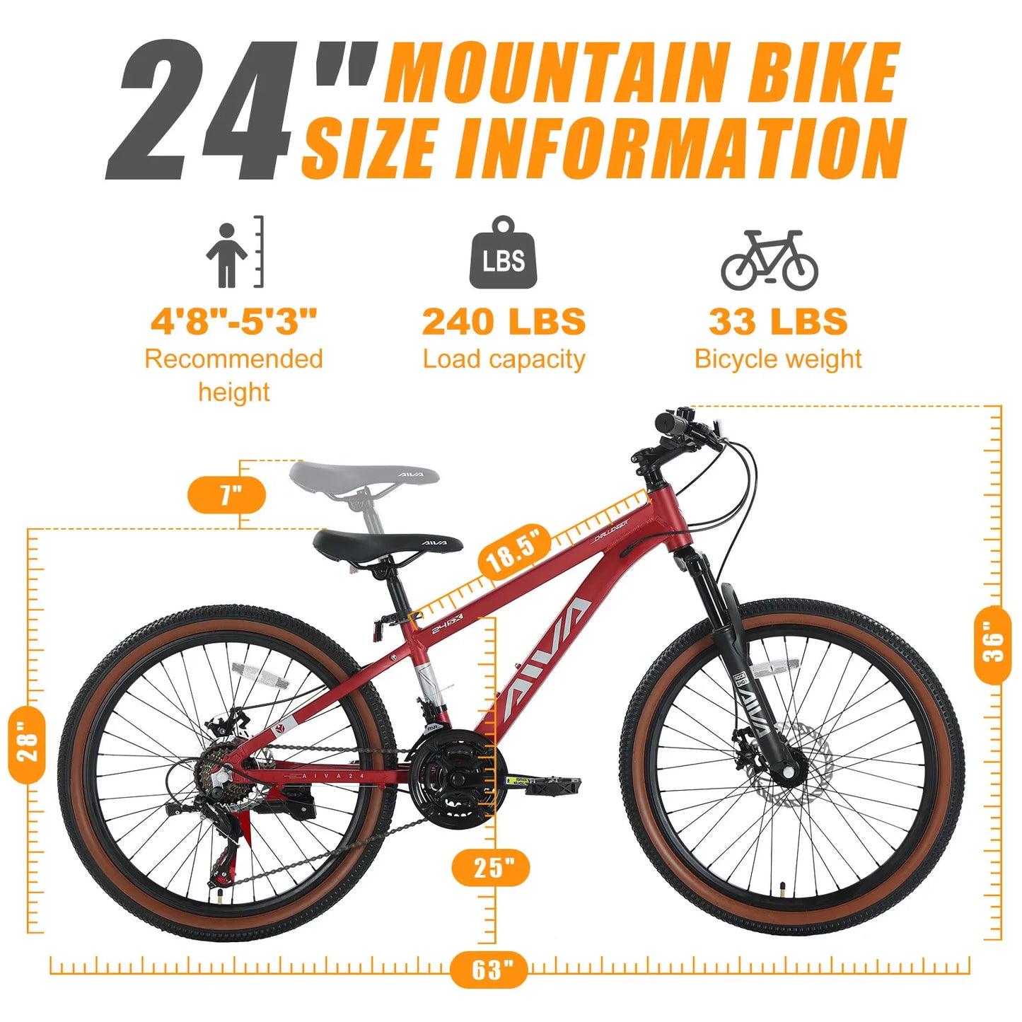 AIVA MT24FS 24 Inch Hardtail MTB, 21 Speed Mountain Bike, Bicycle for Teenagers and Adults, Lightweight Aluminum Frame, Suspension Fork, Front & Rear Disc Brakes