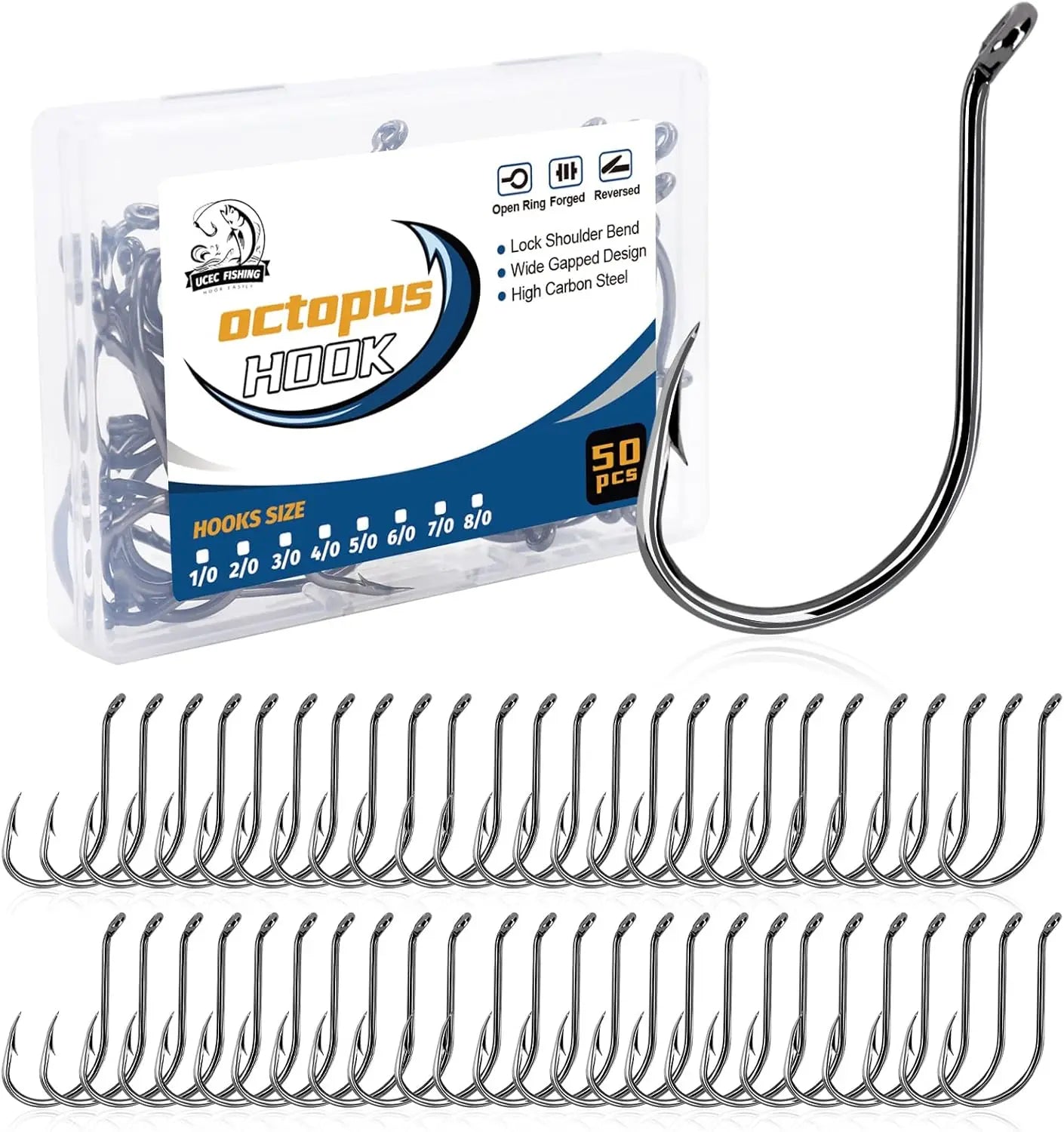 Octopus Fishing Hooks, High Carbon Steel, Offset Circle, for Saltwater Freshwater, Size 1/0-5/0, 50pcs