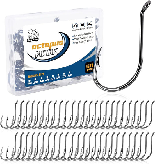 Octopus Fishing Hooks, High Carbon Steel, Offset Circle, for Saltwater Freshwater, Size 1/0-5/0, 50pcs
