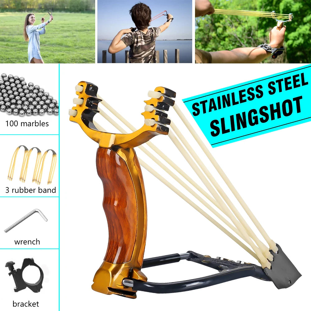 High Precision Outdoor Slingshot Set Alloy Wooden Handle Brown with 3 Rubber Bands 100 Beads Bracket Wrench Protective Gear