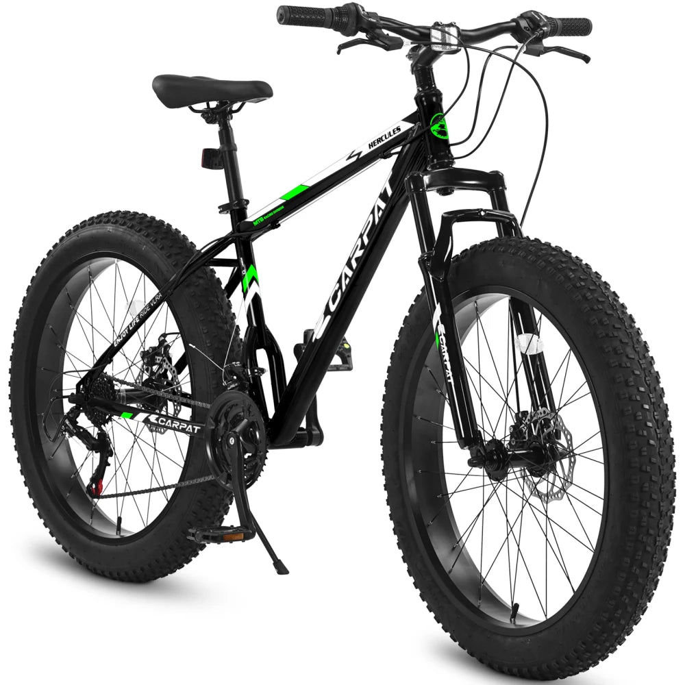 26 Inch Adult Fat Tire Mountain Bike, 21 Speed Gears, High Carbon Steel Frame, Front Suspension, Front Rear Dual Disc Brakes, All Terrain Bicycle for Mountain & City Commute