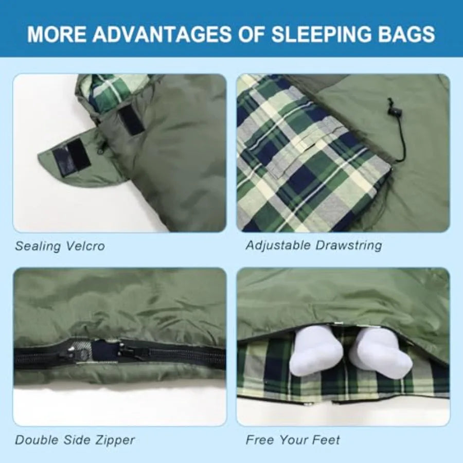 Double Sleeping Bag Flannel for Adults with 2 Pillows 2 Person Sleeping Bags Camping XXL Queen Size Two Person Sleeping Bag for