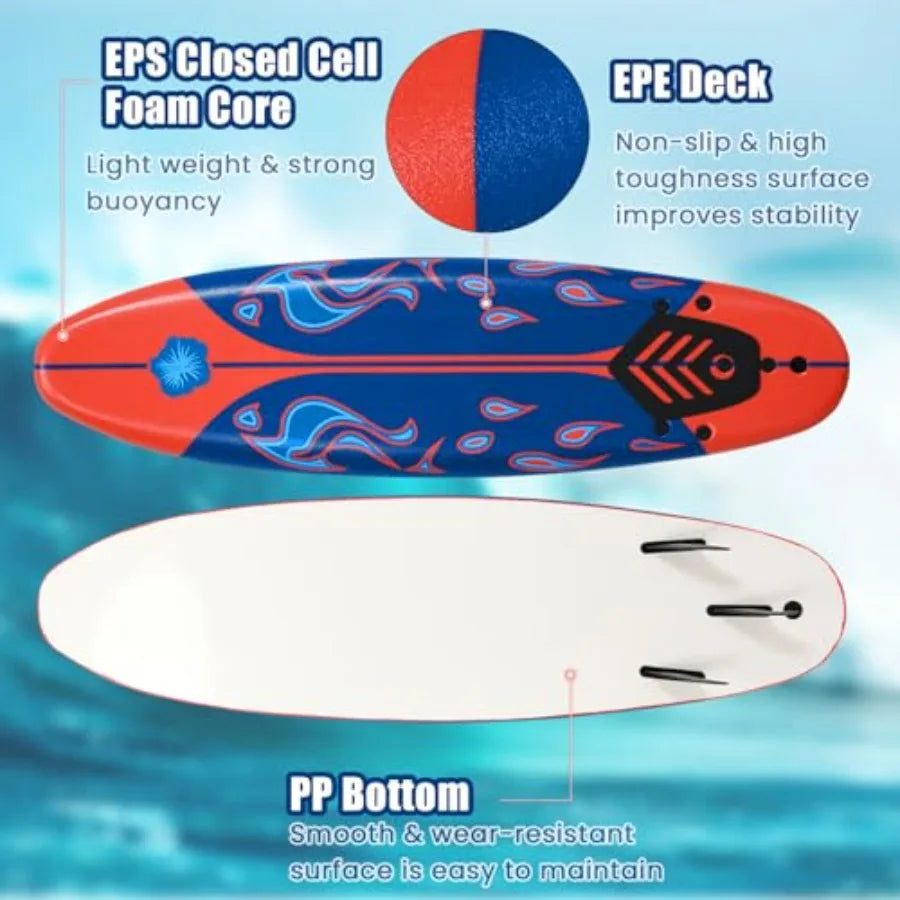 6' Surfboard, Surfing Board with 3 Removable Fins, Safety Leash, EPS Core and EPE Deck, Lightweight Surf Board for Teenagers, A