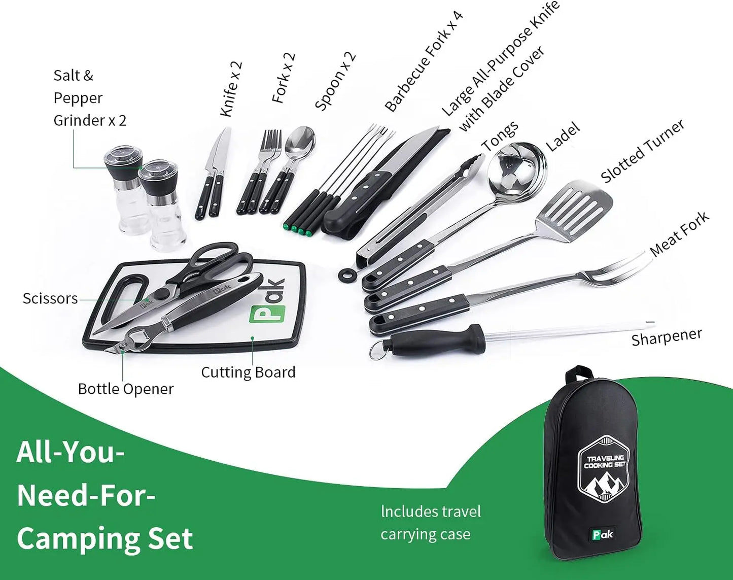 24-Piece Camping Cookware Set, Stainless Steel Kitchen Utensils for Outdoor Cooking, Portable Travel Kit with Cutting Board