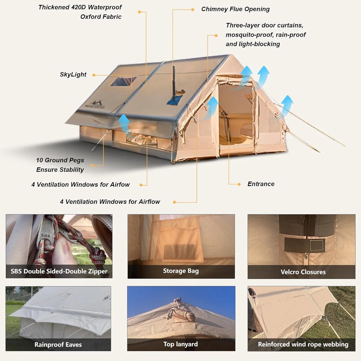 Portable Inflatable Camping Tent 2/4/6/8 Person for Family 420D Oxford Inflatable Tent House with Skylight 4 Seson Blow up Tent with Stove Jack AC Vent Mesh Window