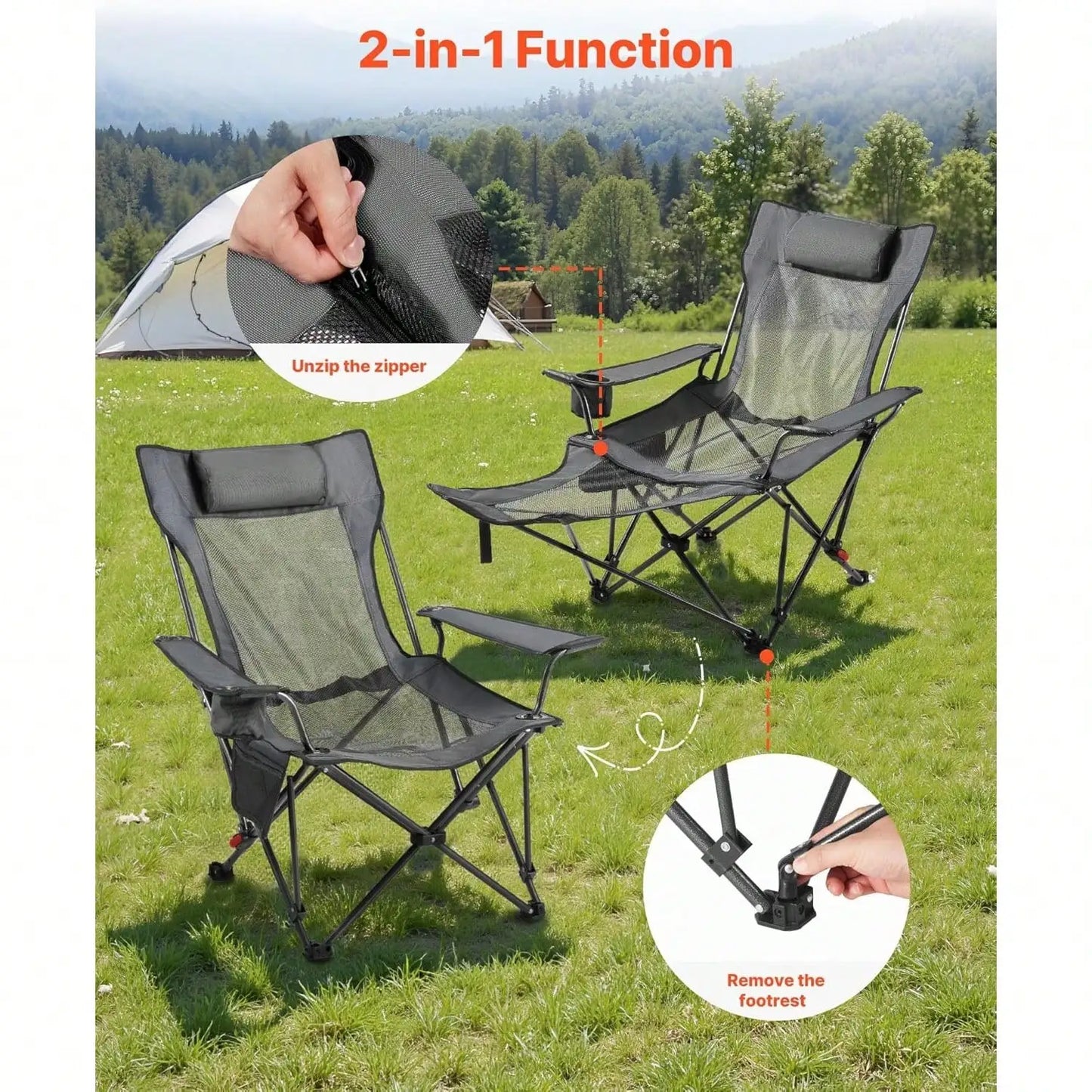 Oaskys 2-In-1 Reclining Camping Chair With Footrest, Portable Folding Lounger For Adults, Mesh Beach Chair With Headrest & Foot