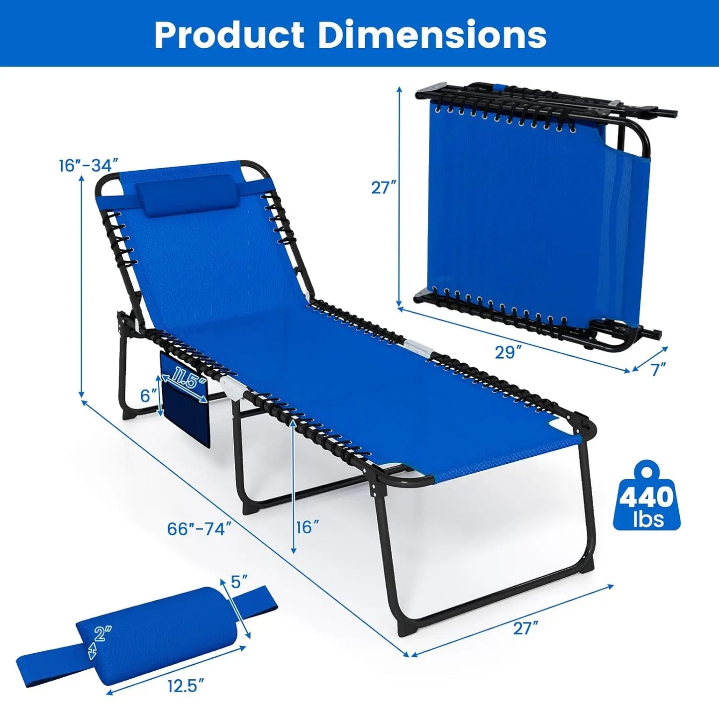 Extra Wide 5-Position Adjustable Tanning Chaise with Pillow Side Pocket 27in Patio Pool Outdoor Custom