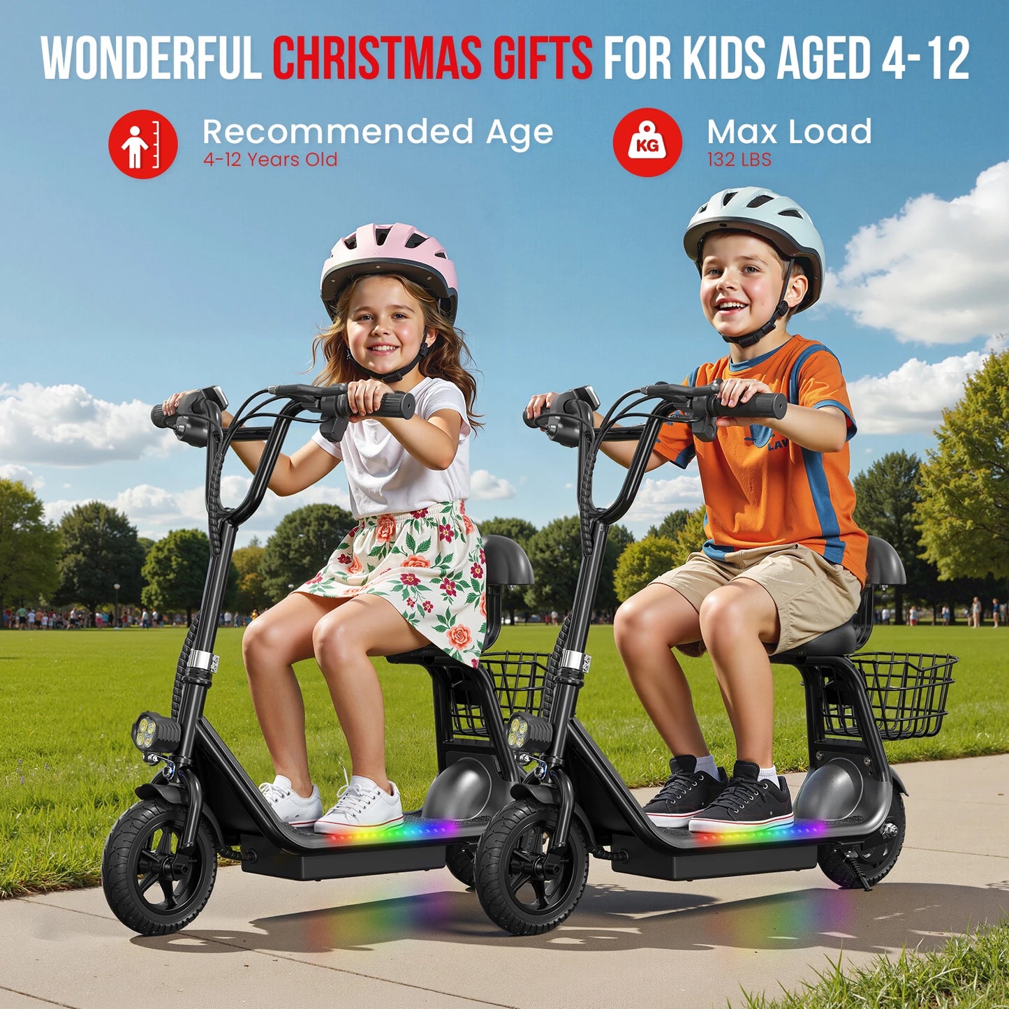 Spacewalk Kids Electric Scooter with Bluetooth Speaker Foldable Design Seat Carry Basket LED Light Strip 11MPH Speed 132lbs Max