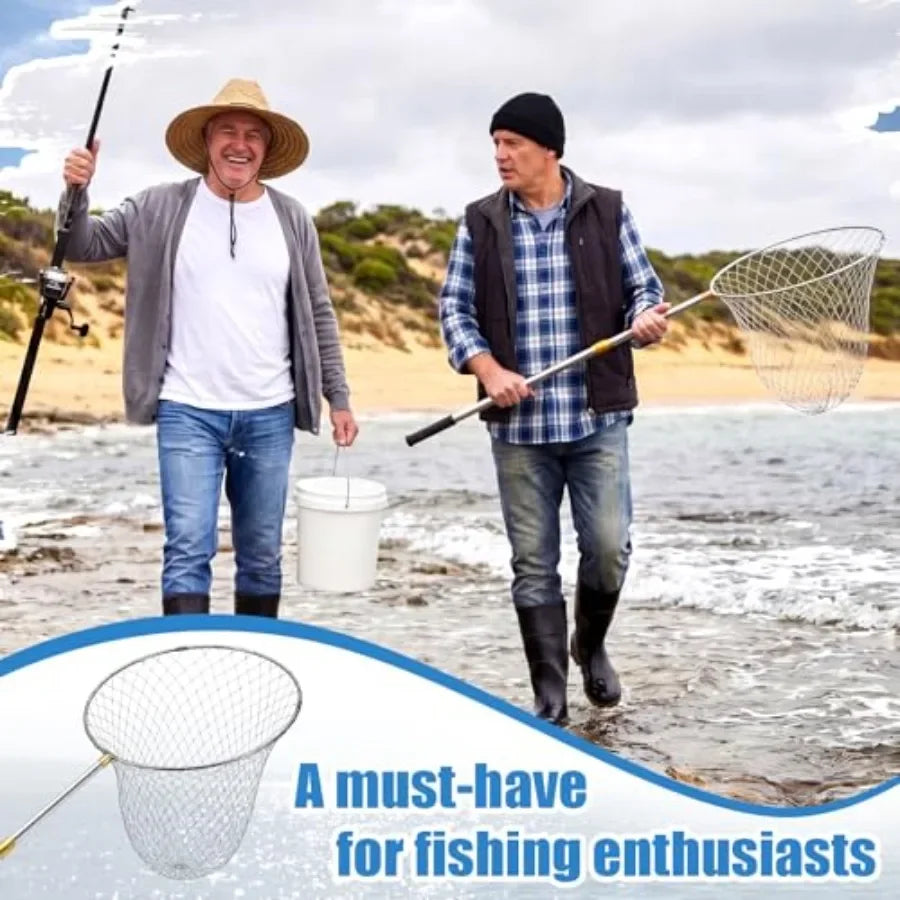 Boat and pier fishing application: stainless steel handle heavy duty fishing net, black, foldable lightweight design with 83-in