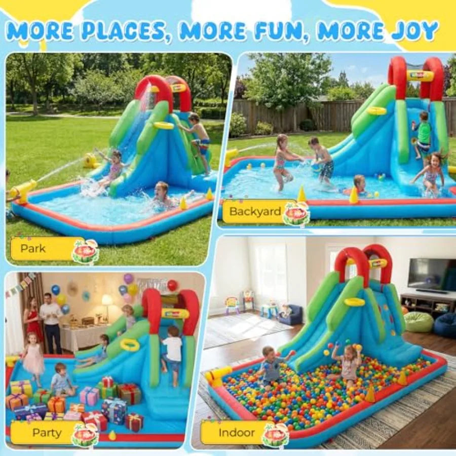 Inflatable Water Slide for:PVC, Blue, 8-in-1 Compact Backyard Outdoor Water Park with Long Slide, Ring Toss, Basketball Hoop, W