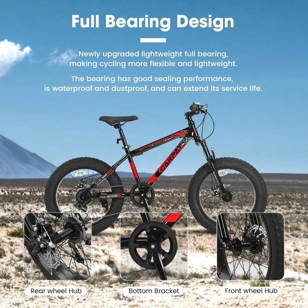 20 Inch Kids Teenagers Mountain Bike, High Carbon Steel Frame, Front Suspension & 7-Speed Drivetrain, Front & Rear Disc Brakes, Wear-Resistant Wide Tires for Off-Road & Snow Riding